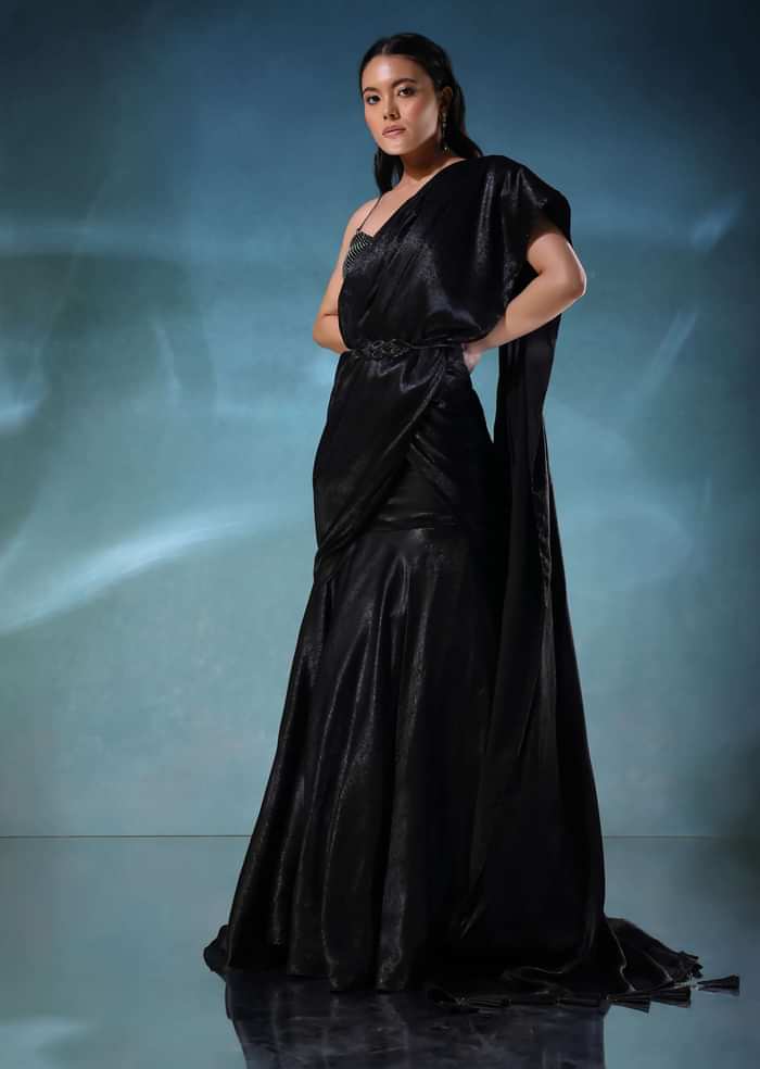 Black Ready To Wear Lehenga Saree In Lycra With Mesh Blouse