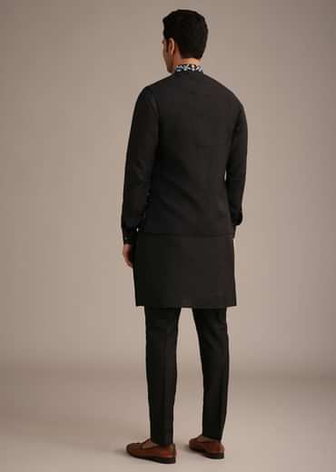 Black Resham Embroidered Jacket And Kurta Set In Silk
