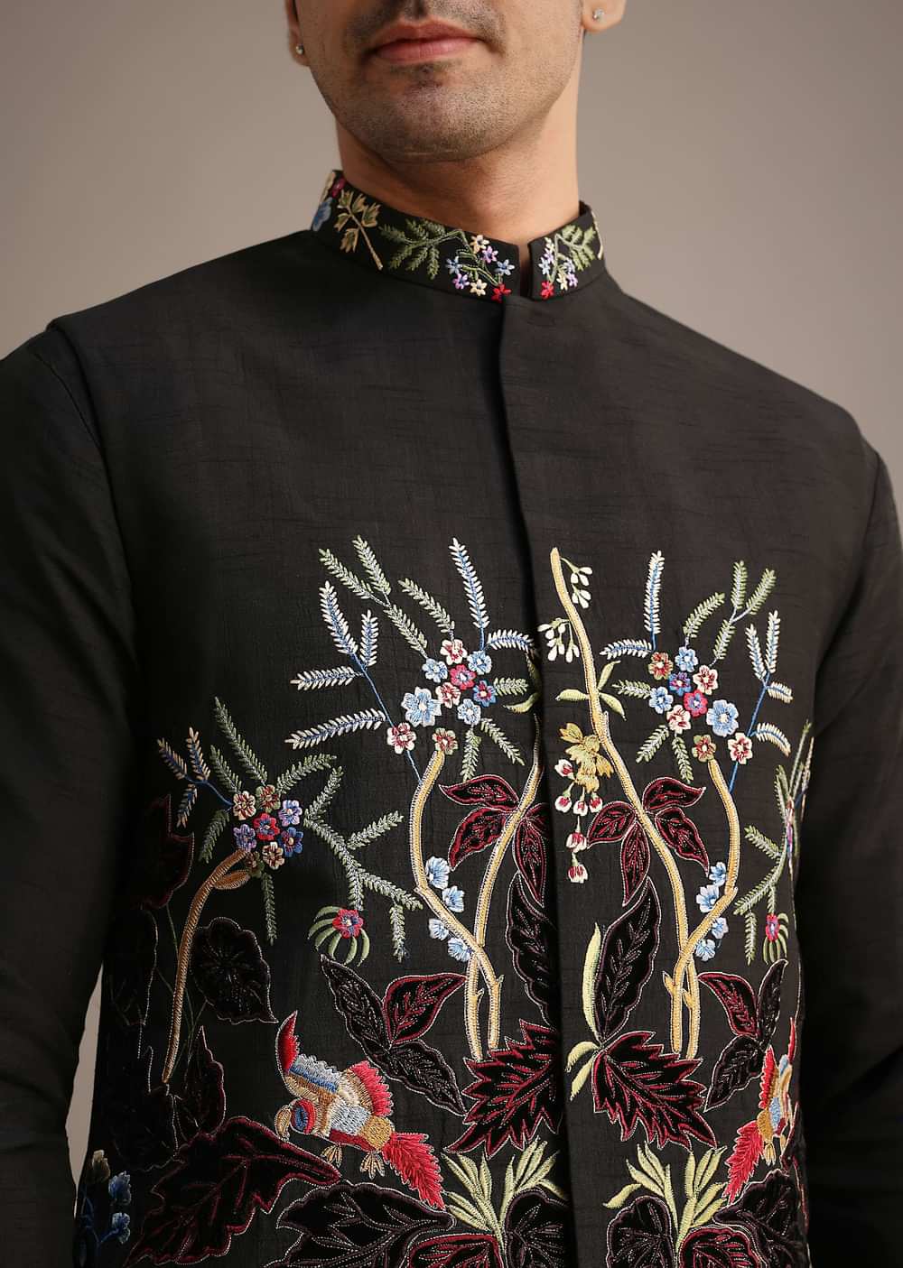 Black Resham Embroidered Jacket And Kurta Set In Silk
