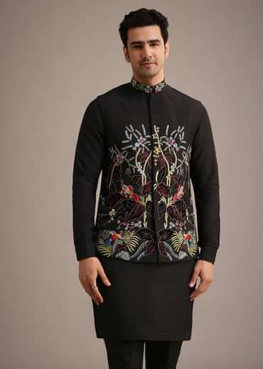 Black Resham Embroidered Jacket And Kurta Set In Silk