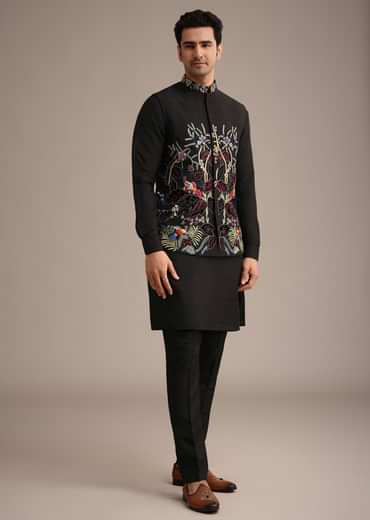 Black Resham Embroidered Jacket And Kurta Set In Silk