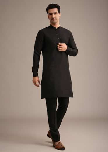 Black Resham Embroidered Jacket And Kurta Set In Silk