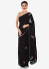 Black saree in chiffon satin with resham and cut dana embroidered butti in rose motif only on Kalki