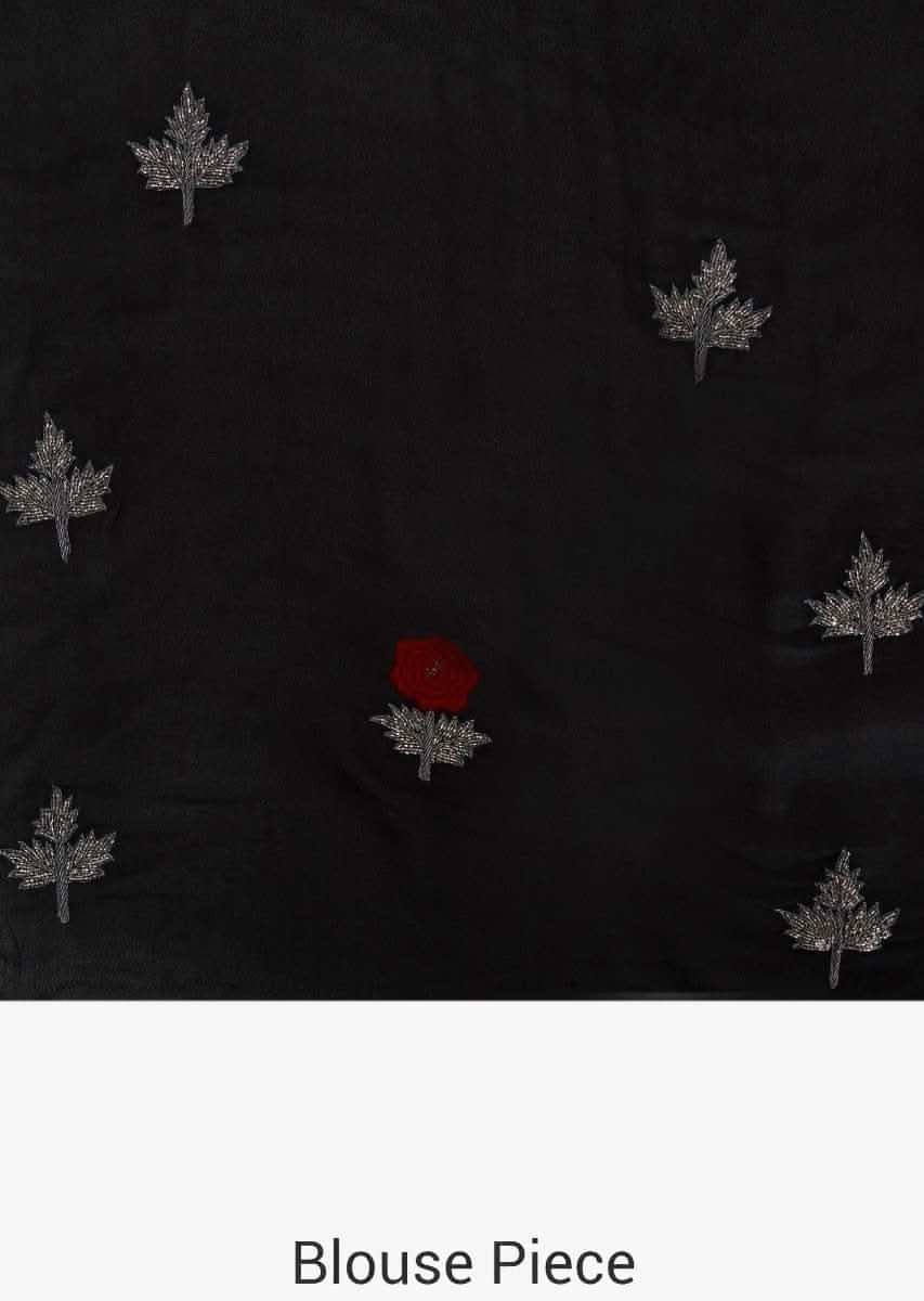 Black saree in chiffon satin with resham and cut dana embroidered butti in rose motif