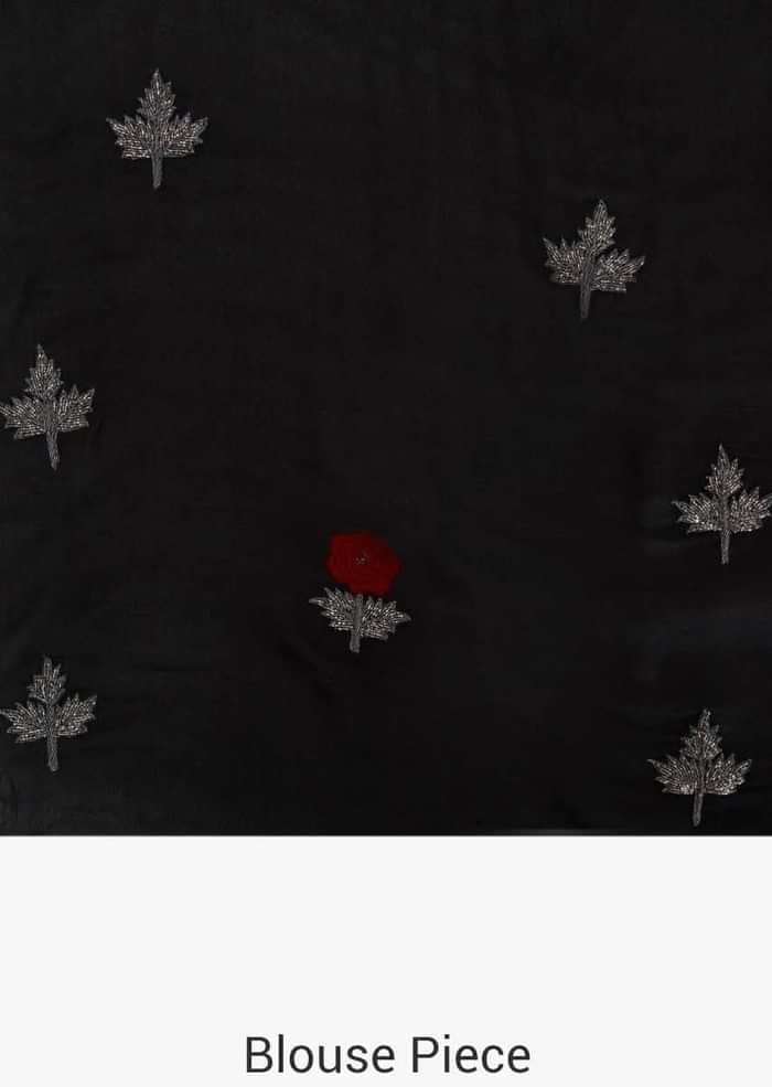 Black saree in chiffon satin with resham and cut dana embroidered butti in rose motif only on Kalki