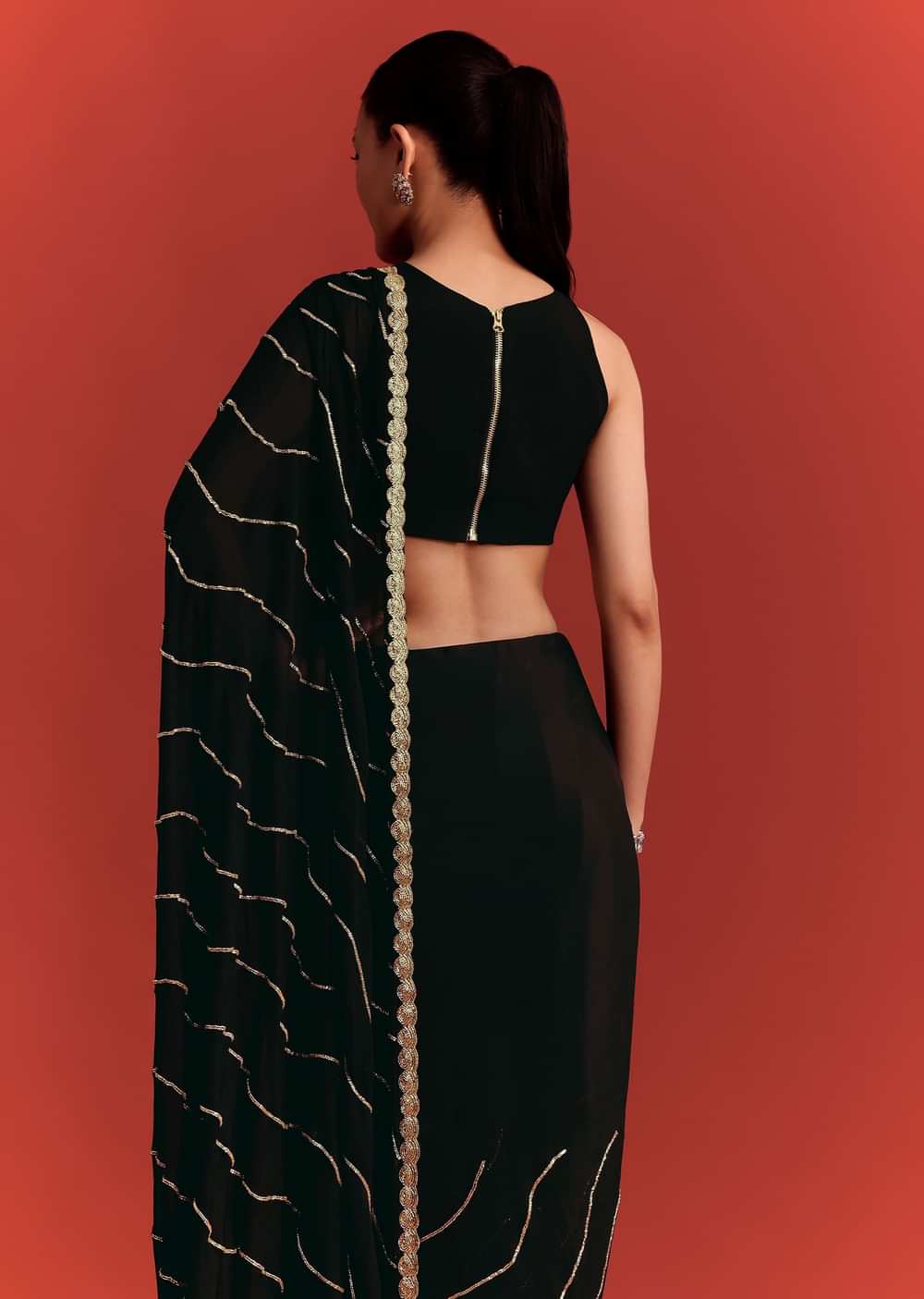Black Saree In Chinnon With Cutdana Work