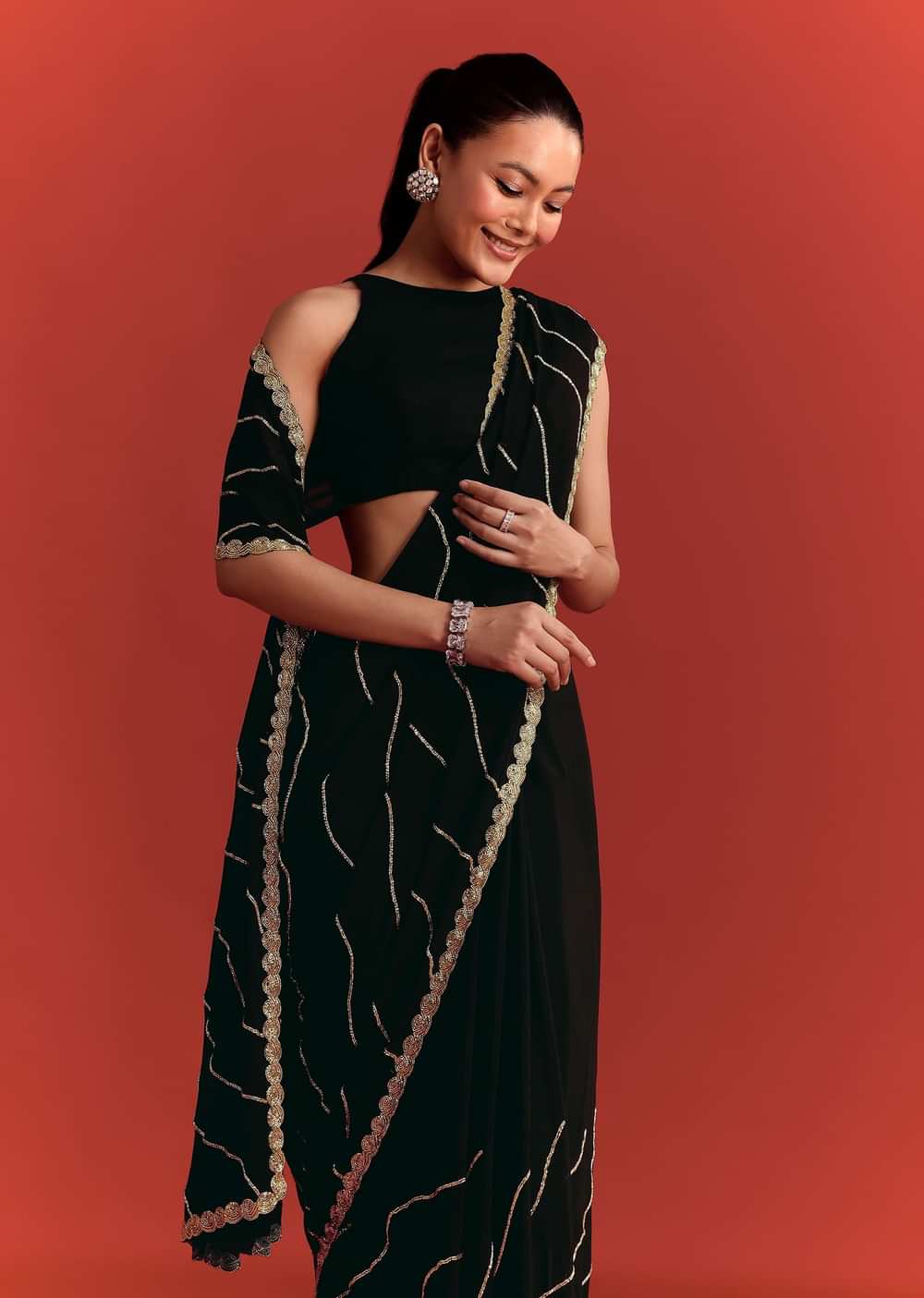 Black Saree In Chinnon With Cutdana Work