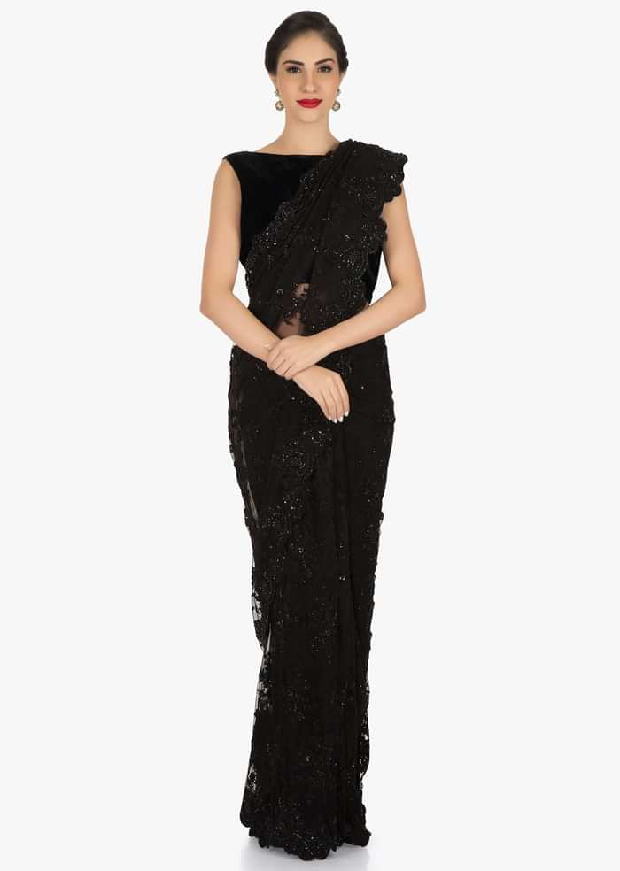 Black Saree In Embroidered Net Beautified In Floral Motifs With Resham And Moti Work Online - Kalki Fashion