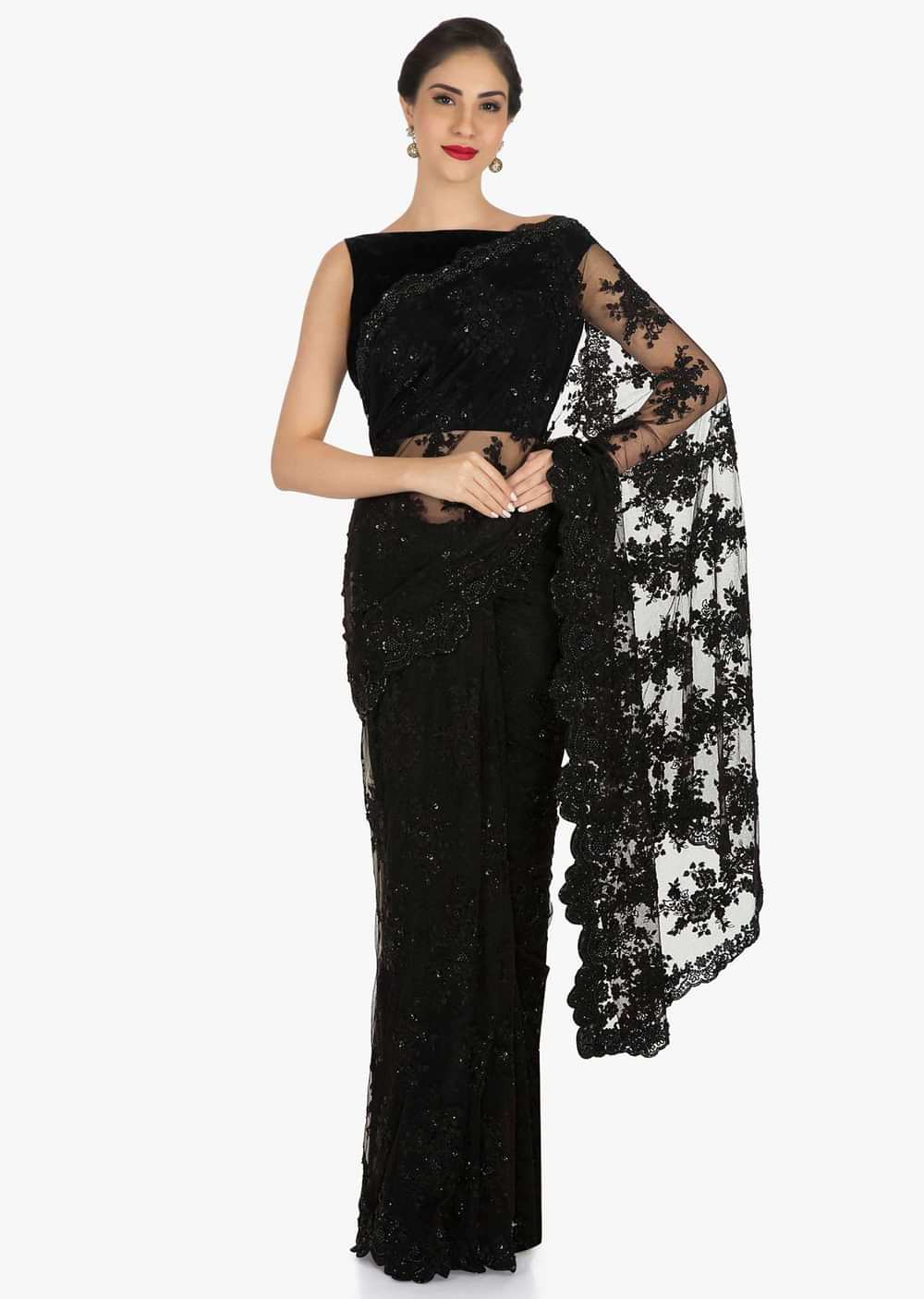 Black Saree In Embroidered Net Beautified In Floral Motifs With Resham And Moti Work Online - Kalki Fashion - KALKI Fashion India