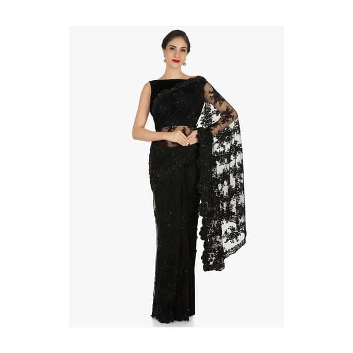 Black Saree In Embroidered Net Beautified In Floral Motifs With Resham And Moti Work Online - Kalki Fashion