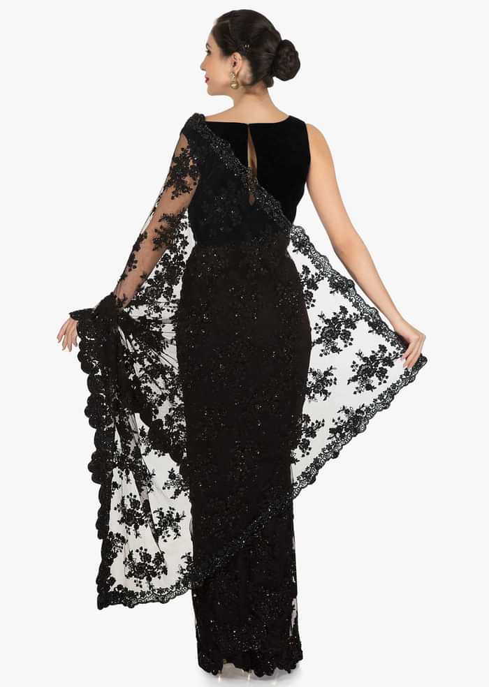 Black Saree In Embroidered Net Beautified In Floral Motifs With Resham And Moti Work Online - Kalki Fashion