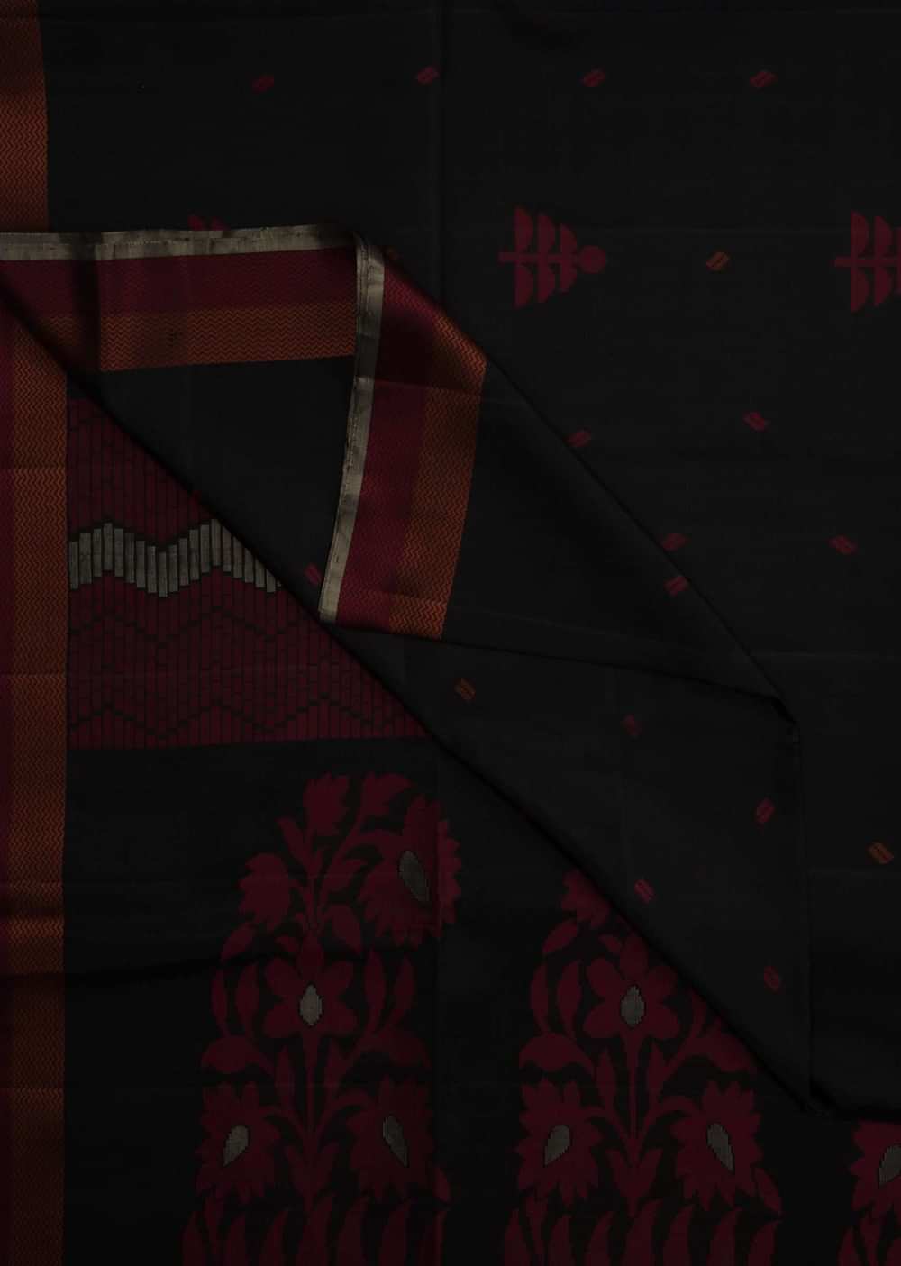 Black saree in silk beautified in weaved embroidery only on Kalki