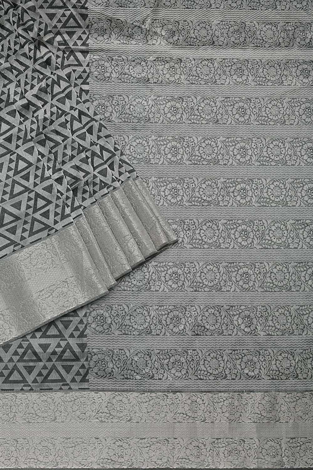 Black Saree In South Silk With Geometric Zari Weave And Unstitched Blouse Fabric