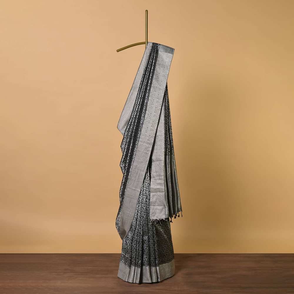 Black Saree In South Silk With Geometric Zari Weave And Unstitched Blouse Fabric