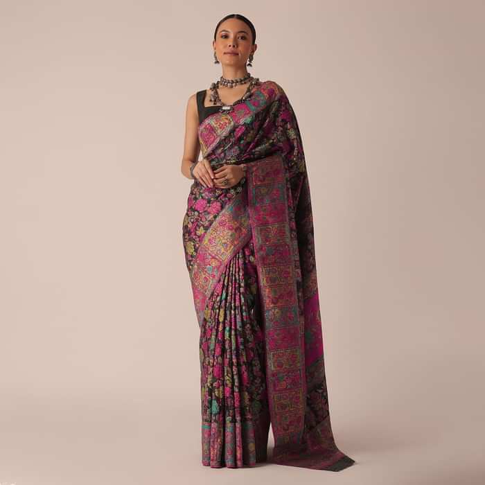 Black Saree With Kashmiri Thread Work And Unstitched Blouse Piece