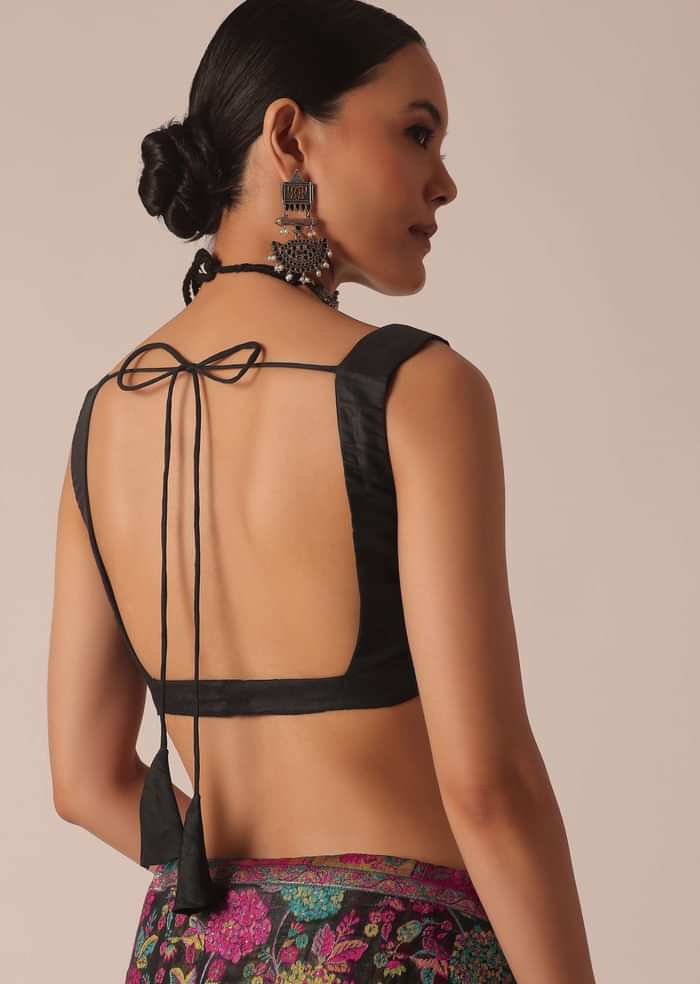 Black Saree With Kashmiri Thread Work And Unstitched Blouse Piece