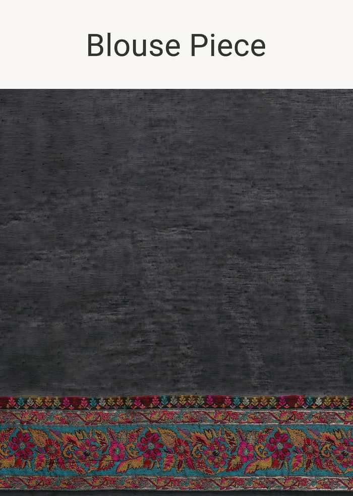 Black Saree With Kashmiri Thread Work And Unstitched Blouse Piece