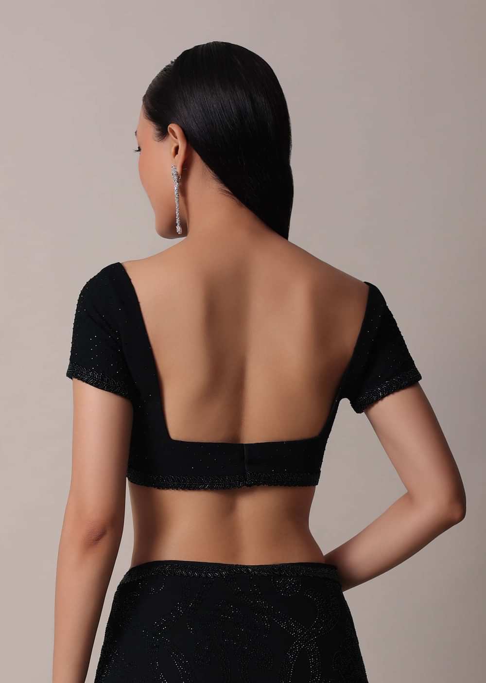 Black Saree With Swarovski Embellishments And Unstitched Blouse Piece