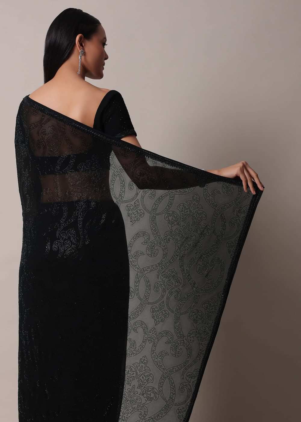 Black Saree With Swarovski Embellishments And Unstitched Blouse Piece