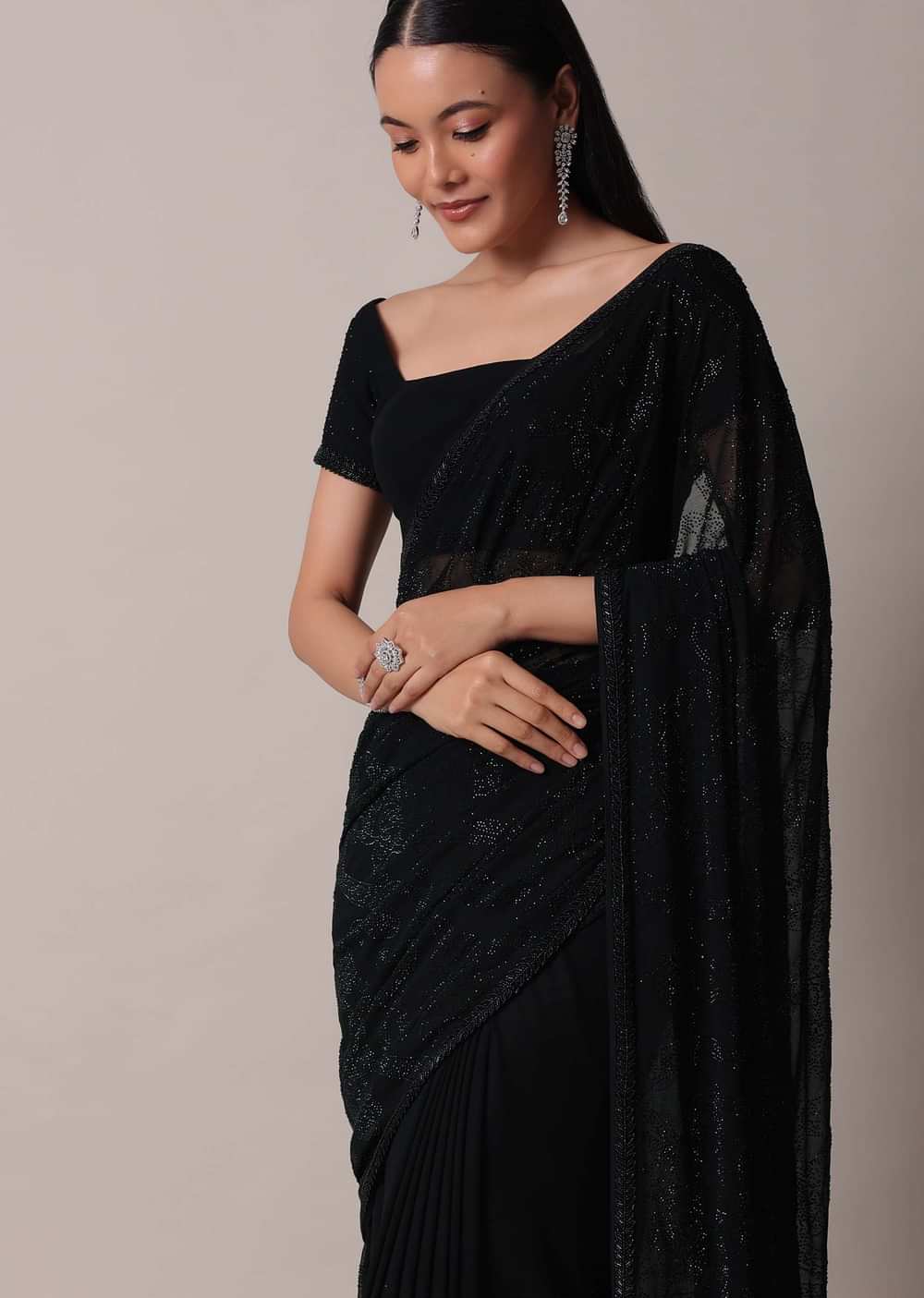 Black Saree With Swarovski Embellishments And Unstitched Blouse Piece