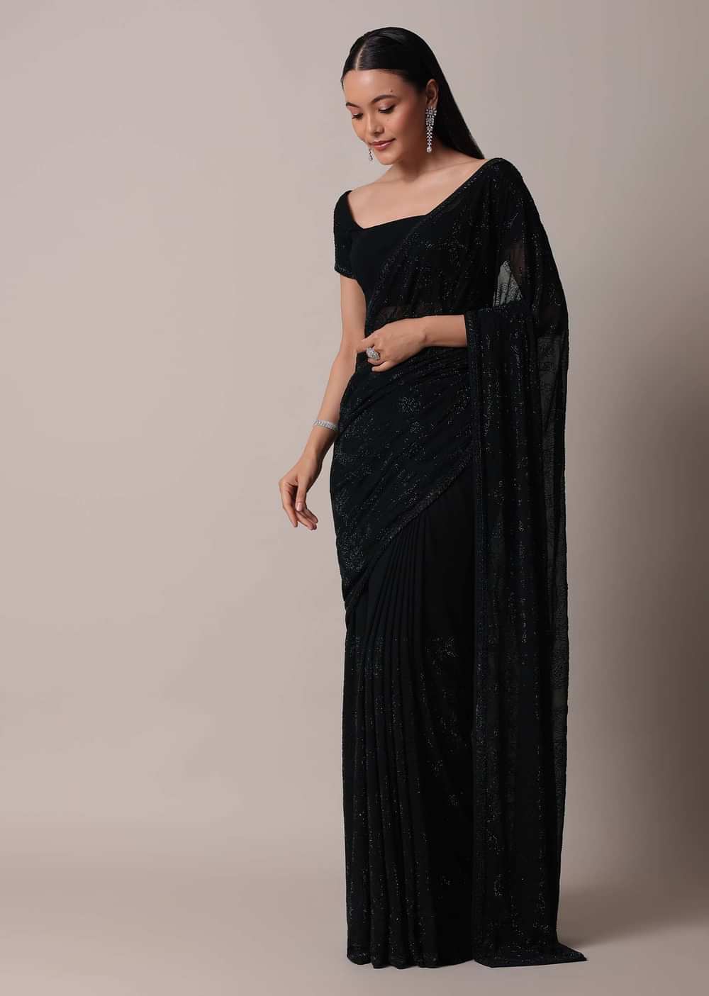 Black Saree With Swarovski Embellishments And Unstitched Blouse Piece