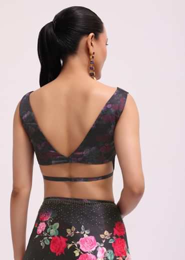 Black Satin Floral Printed Saree With Unstitched Blouse
