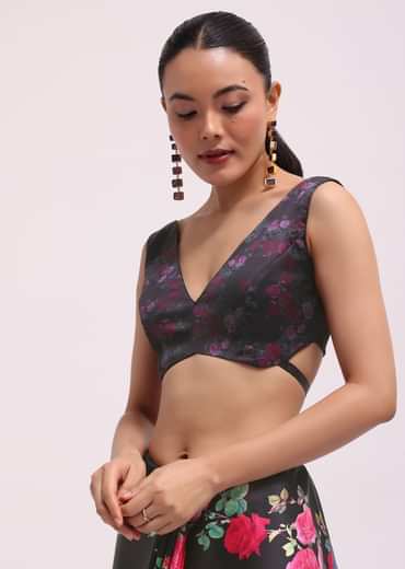 Black Satin Floral Printed Saree With Unstitched Blouse