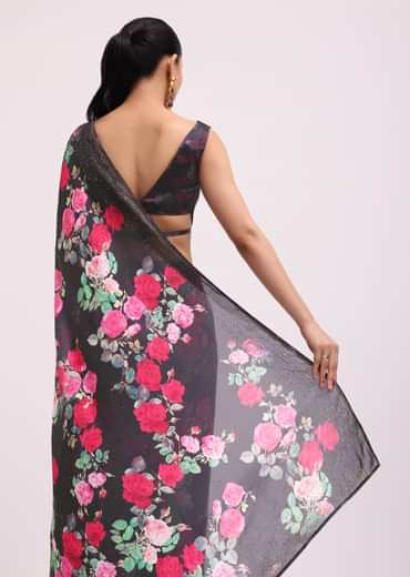 Black Satin Floral Printed Saree With Unstitched Blouse