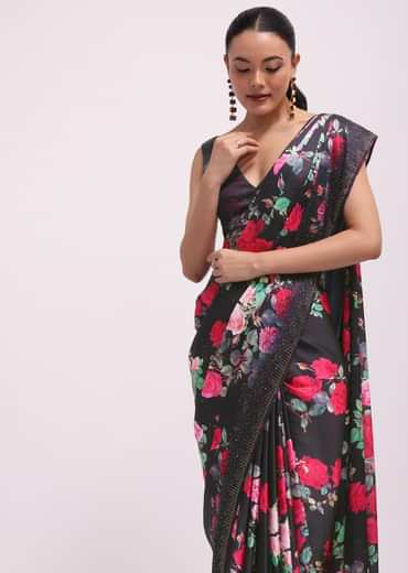 Black Satin Floral Printed Saree With Unstitched Blouse