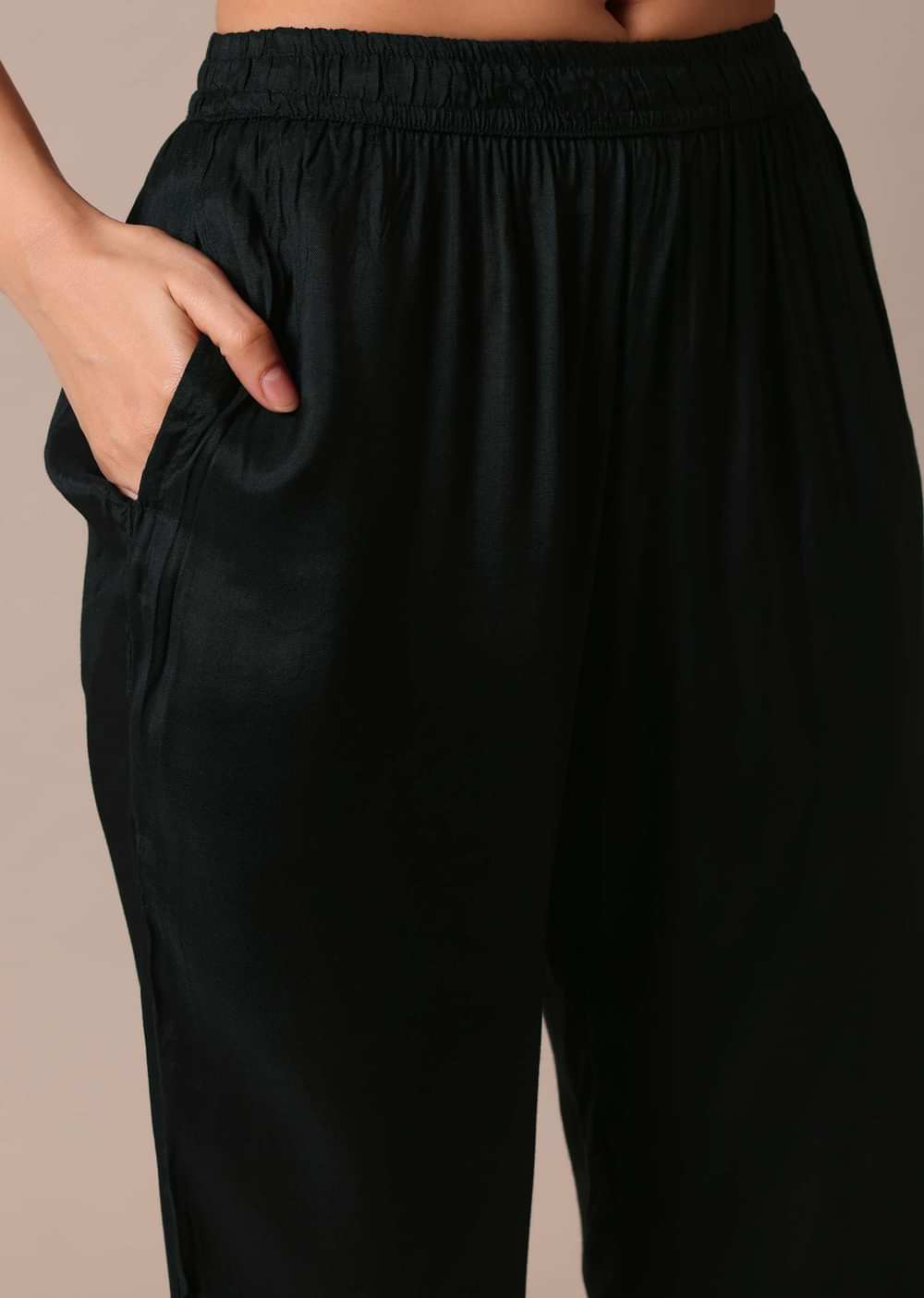 Black Satin Printed Kurta Set With Bead Work