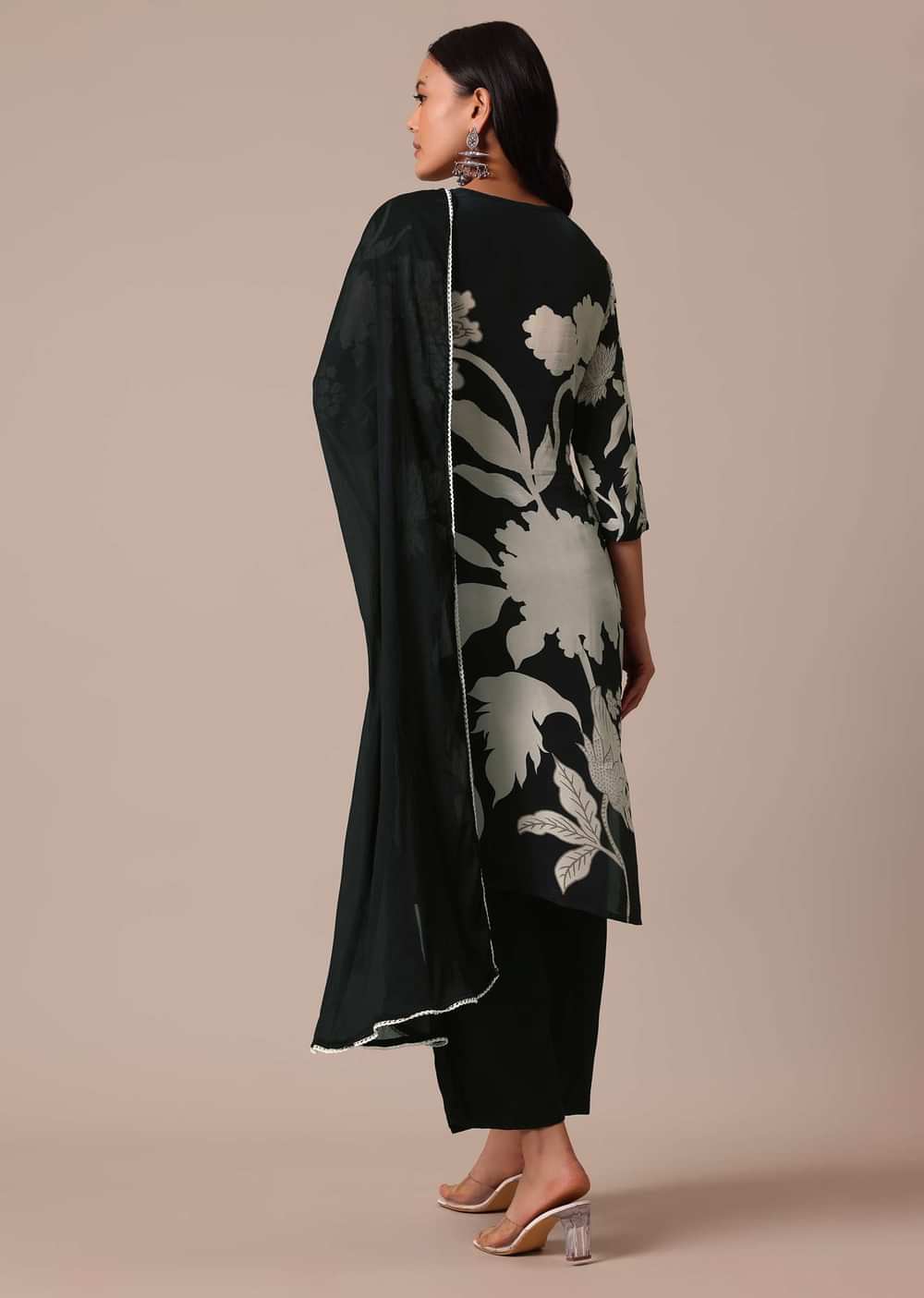 Black Satin Printed Kurta Set With Bead Work