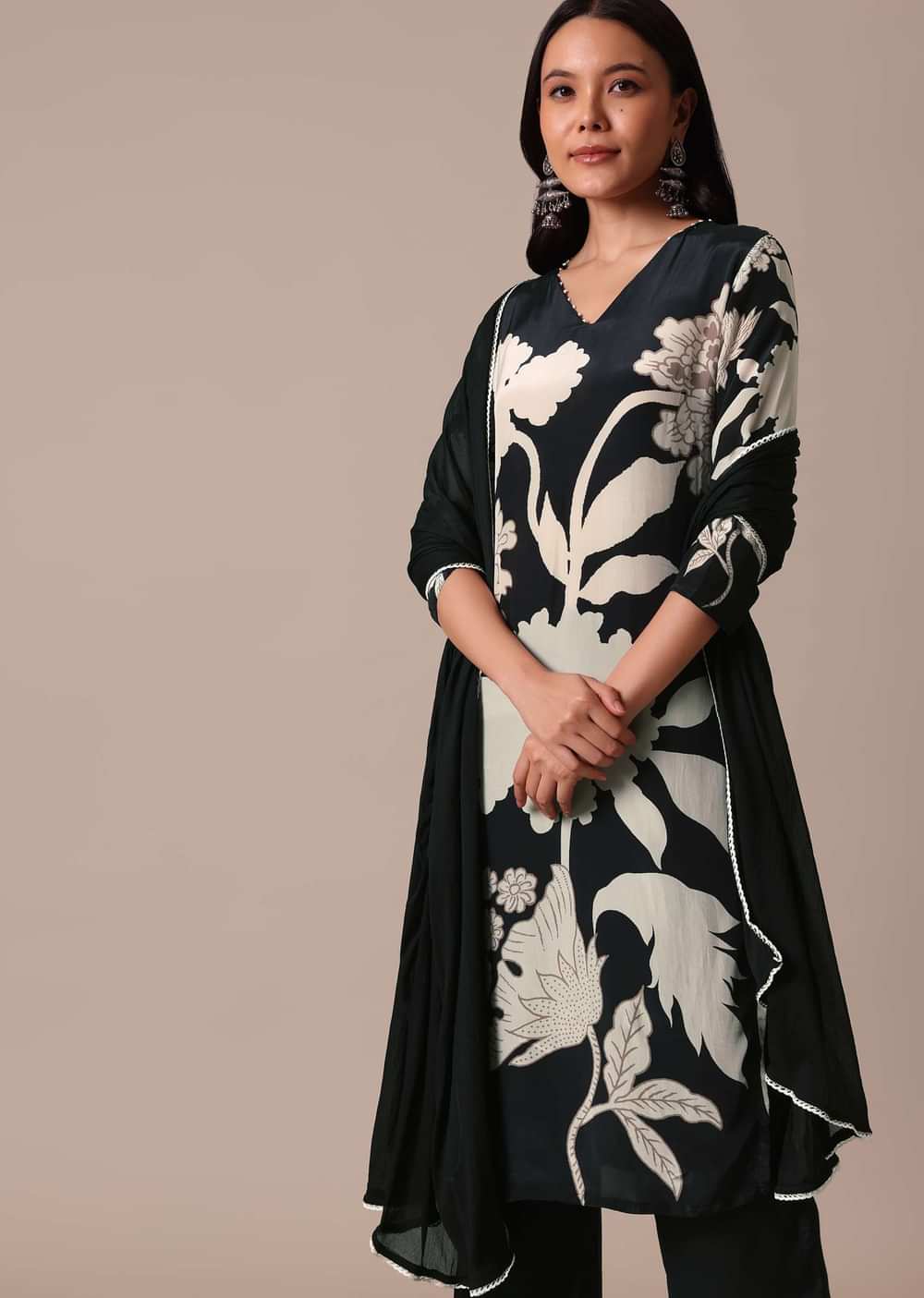 Black Satin Printed Kurta Set With Bead Work