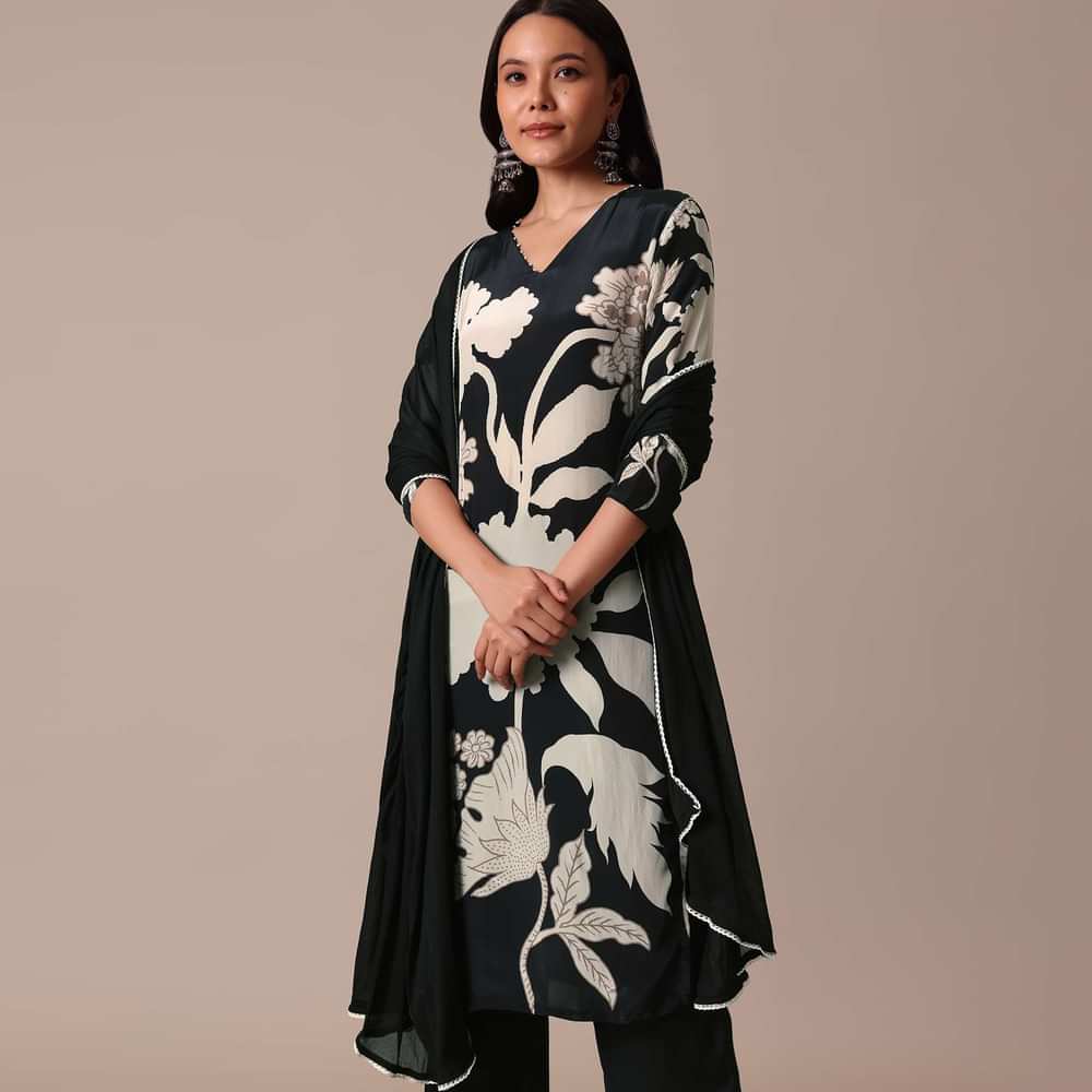 Black Satin Printed Kurta Set With Bead Work