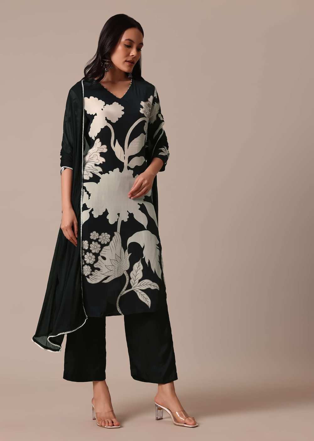 Black Satin Printed Kurta Set With Bead Work