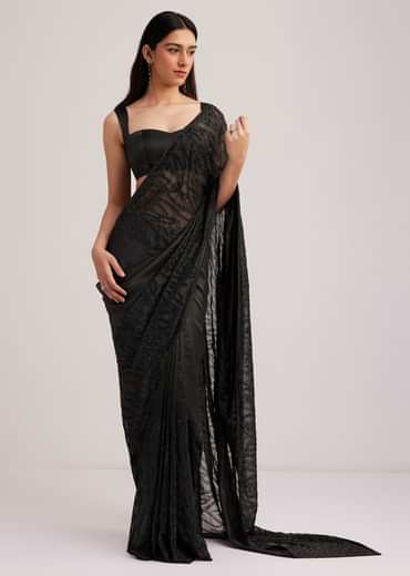 Black Satin Saree With Overall Stone Embellishment