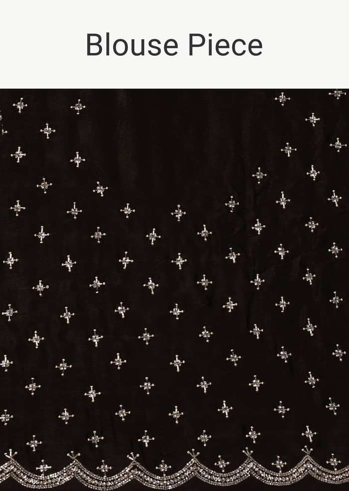 Black Satin Saree With Stone Embellishments And Unstitched Blouse Piece