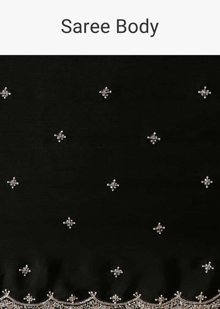 Black Satin Saree With Stone Embellishments And Unstitched Blouse Piece