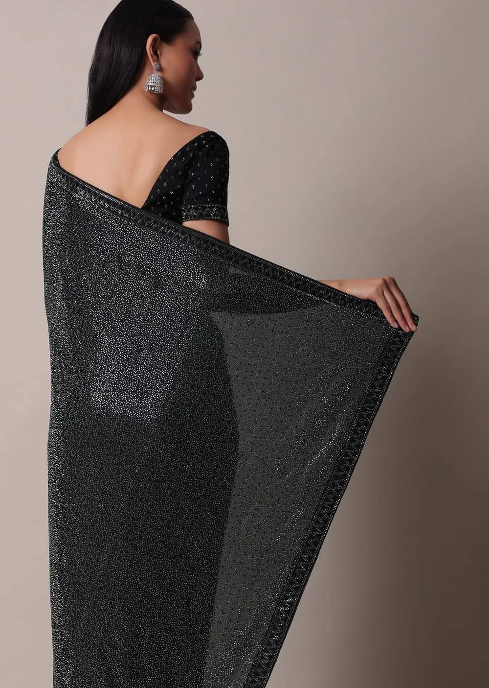 Black Satin Saree With Swarovski Studs And Unstitched Blouse Piece