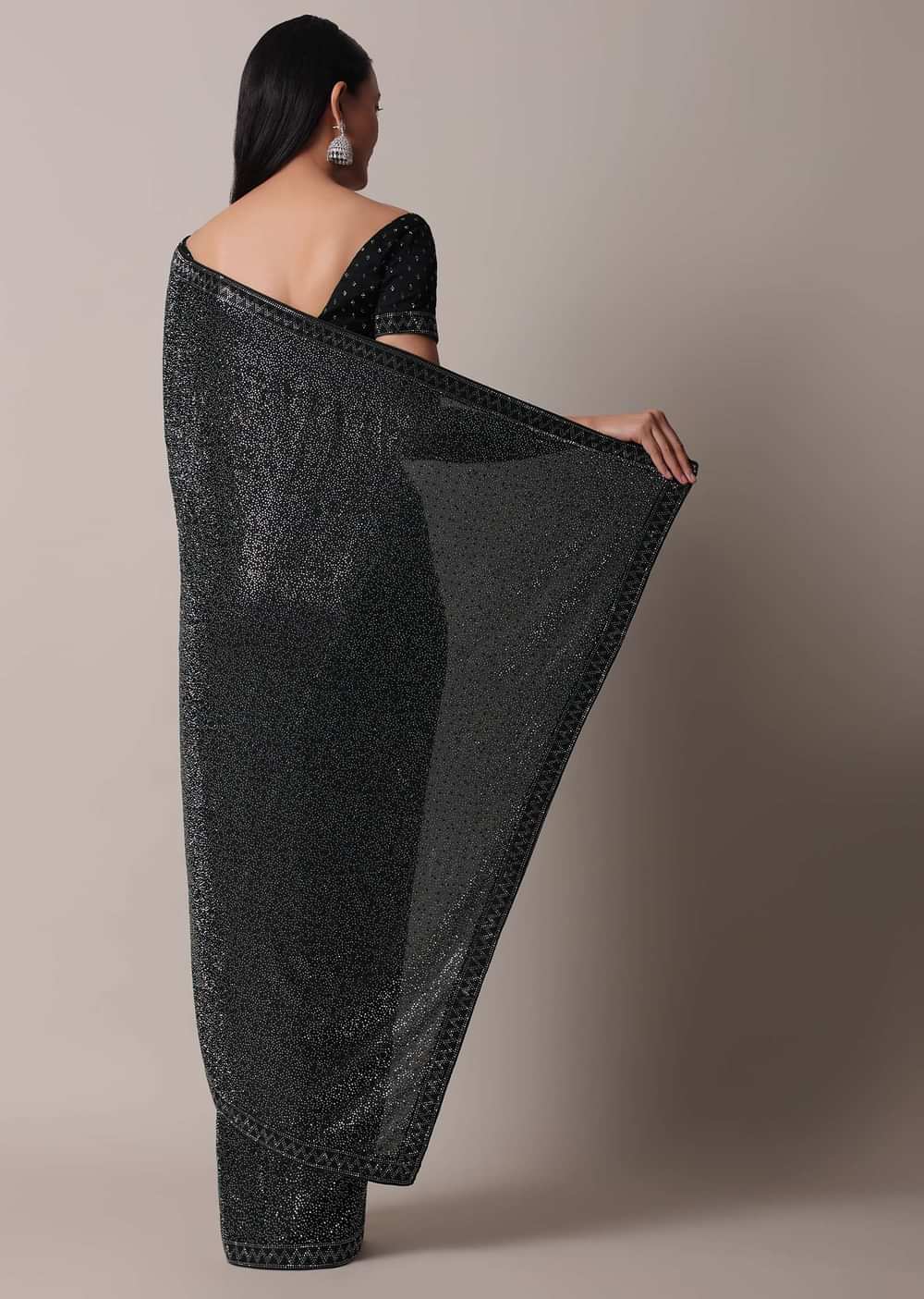 Black Satin Saree With Swarovski Studs And Unstitched Blouse Piece