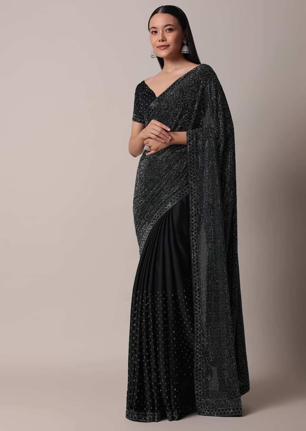 Black Satin Saree With Swarovski Studs And Unstitched Blouse Piece