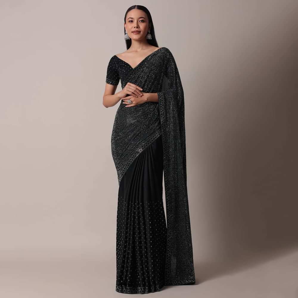 Black Satin Saree With Swarovski Studs And Unstitched Blouse Piece