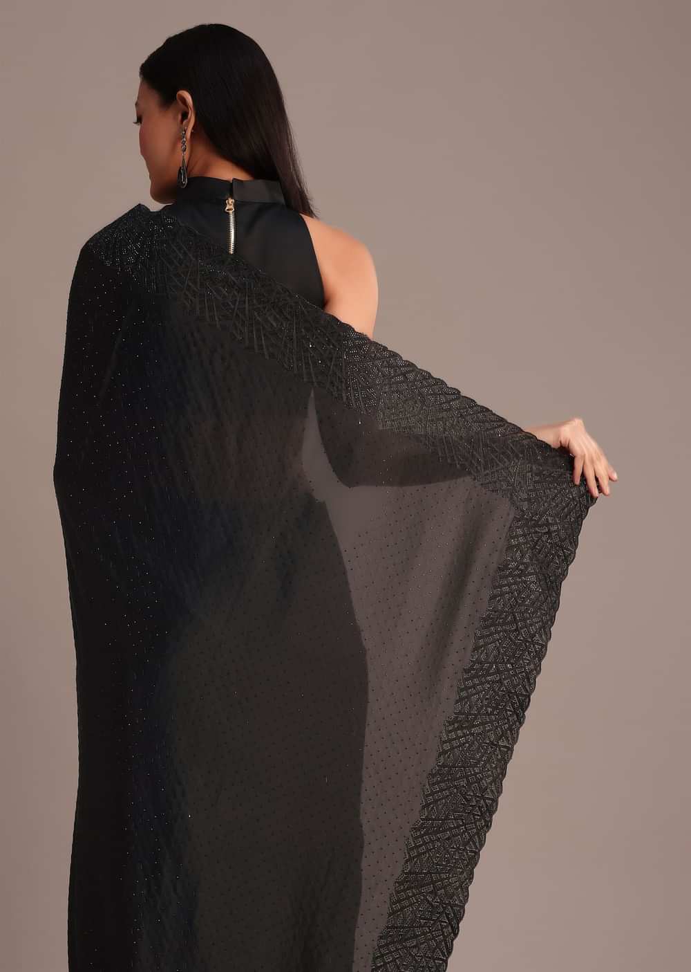 Black Satin Stone And Diamond Embroidered Saree