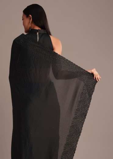 Black Satin Stone And Diamond Embroidered Saree