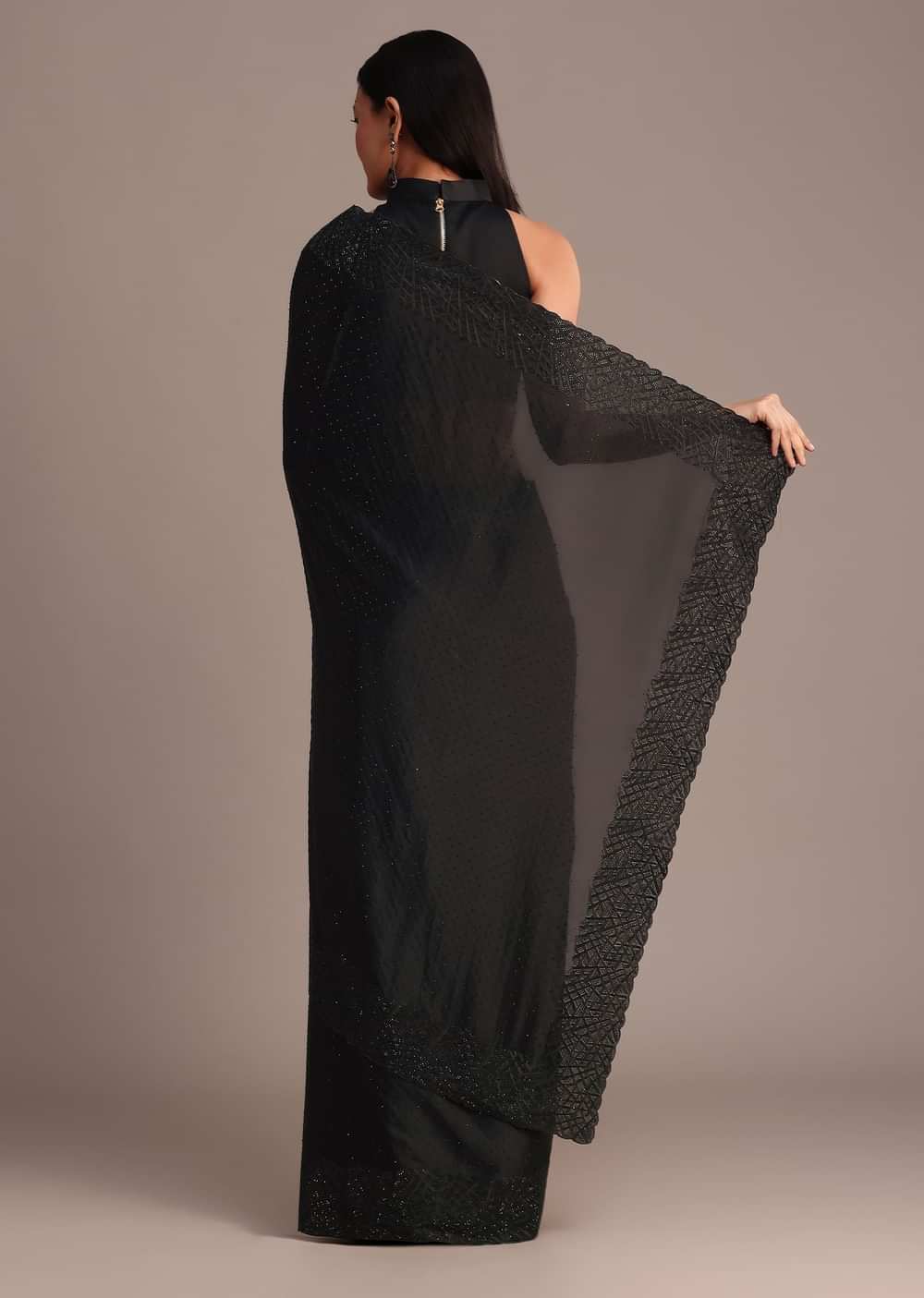 Black Satin Stone And Diamond Embroidered Saree