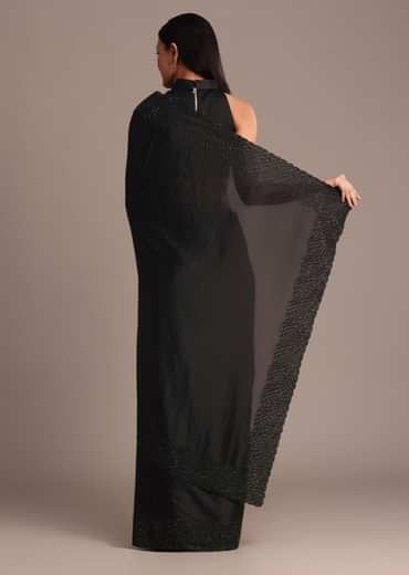 Black Satin Stone And Diamond Embroidered Saree