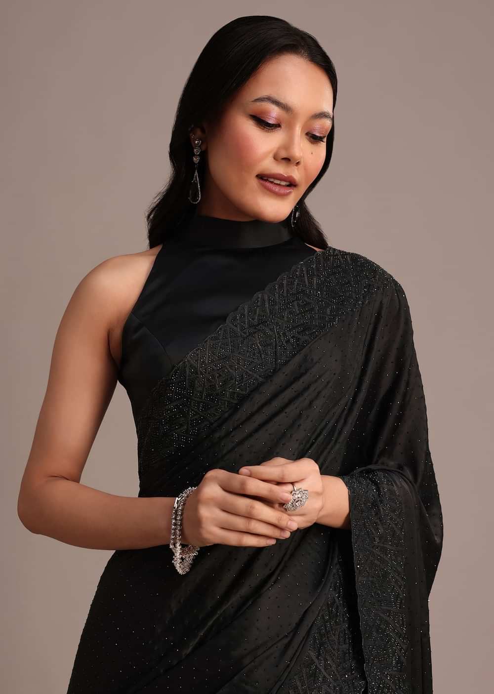 Black Satin Stone And Diamond Embroidered Saree