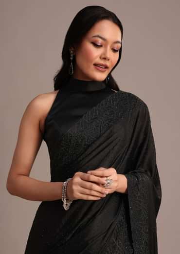Black Satin Stone And Diamond Embroidered Saree