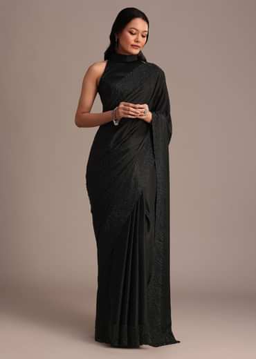Black Satin Stone And Diamond Embroidered Saree