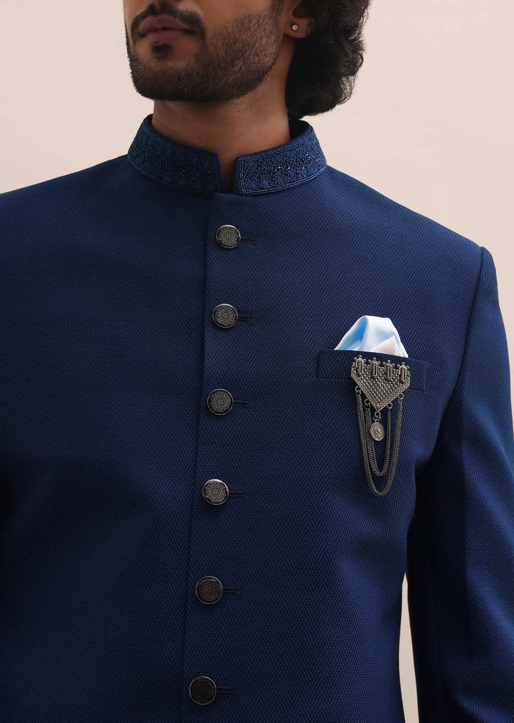 Blue Self Embroidered Sherwani For Men