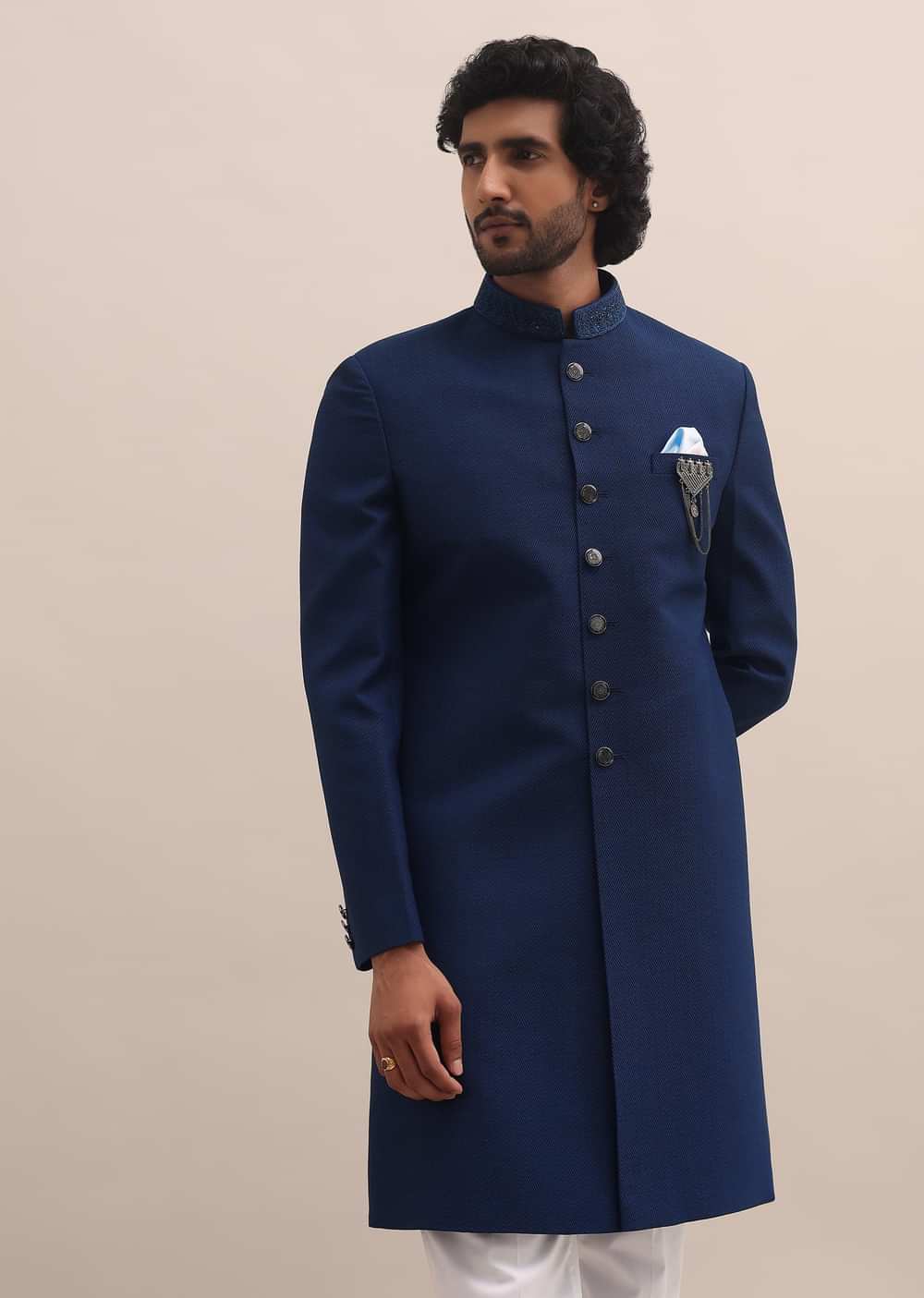 Blue Self Embroidered Sherwani For Men